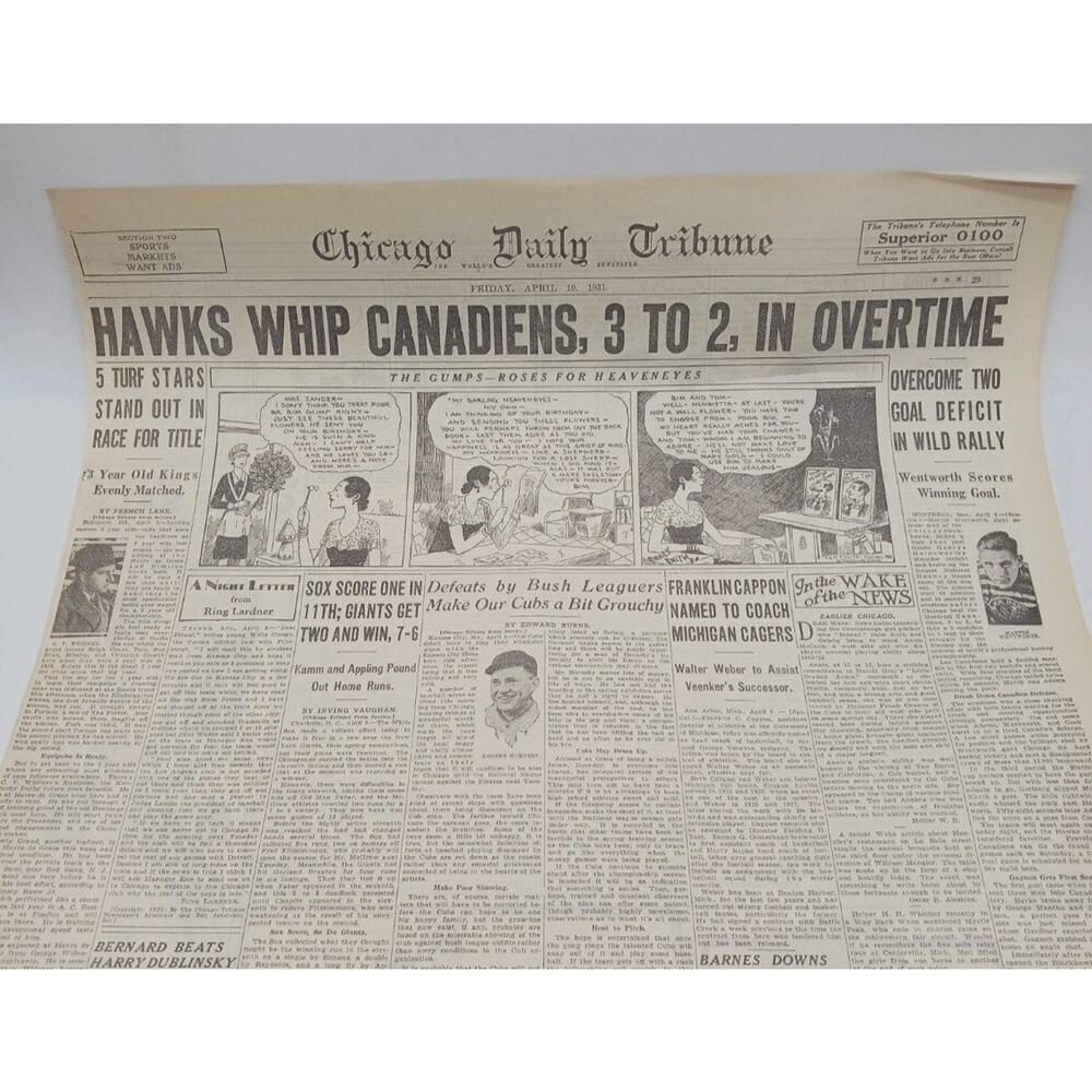 1931 Hawks Whip Canadiens Rogers Hornsby Sox Marvin Wentworth Newspaper Page